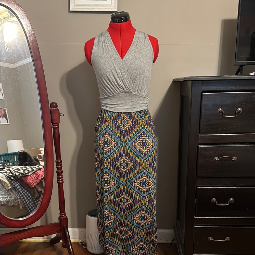 Gray Sleeveless Top with Colorful Geometric Skirt